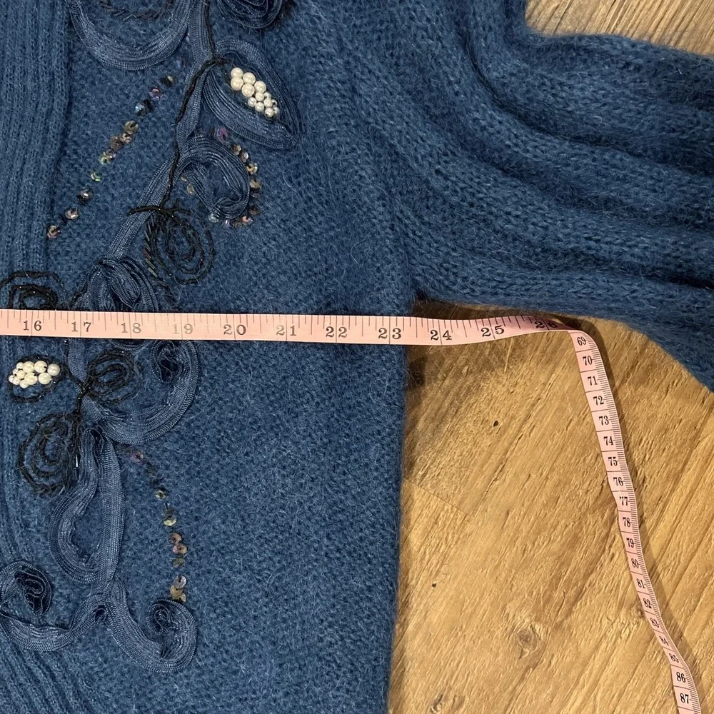 Cervelle Women's Med Blue Mohair‎ Wool Blend Beaded Floral Embroidery Cardigan